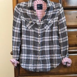 Gray, pink, and teal flannel shirt
